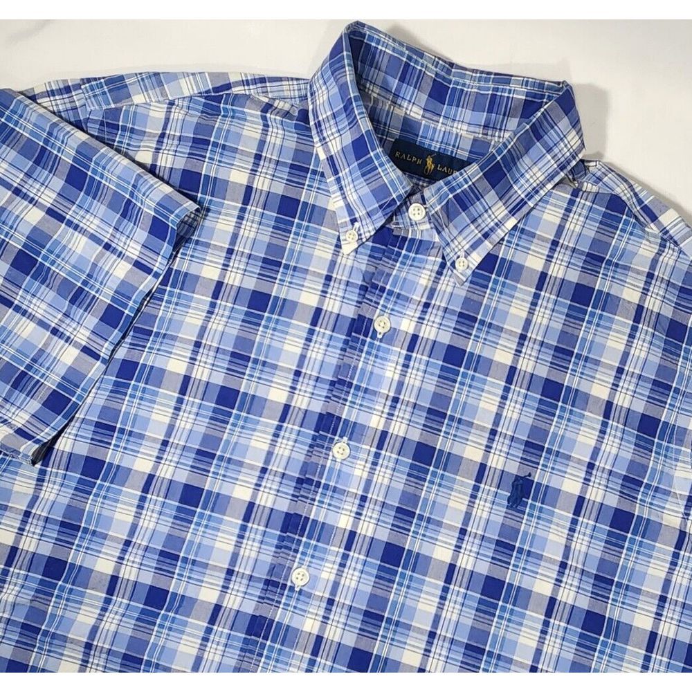 men's RALPH LAUREN short sleeve button up SHIRT Blues PLAID Size XL